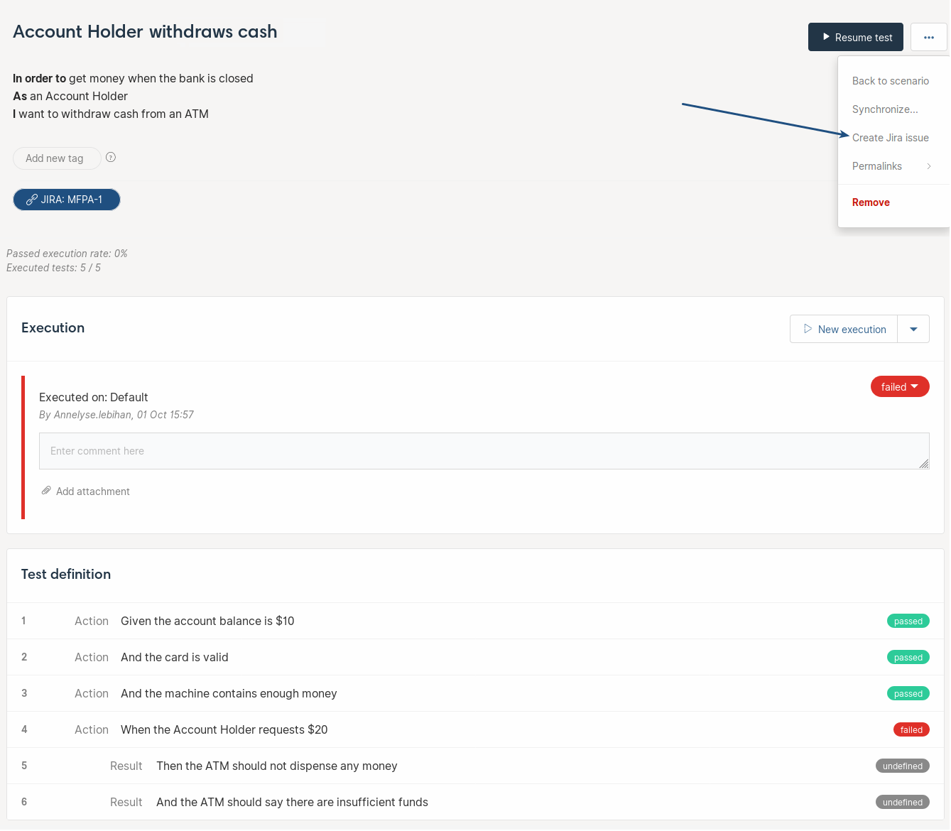 Create a Jira issue directly from Hiptest