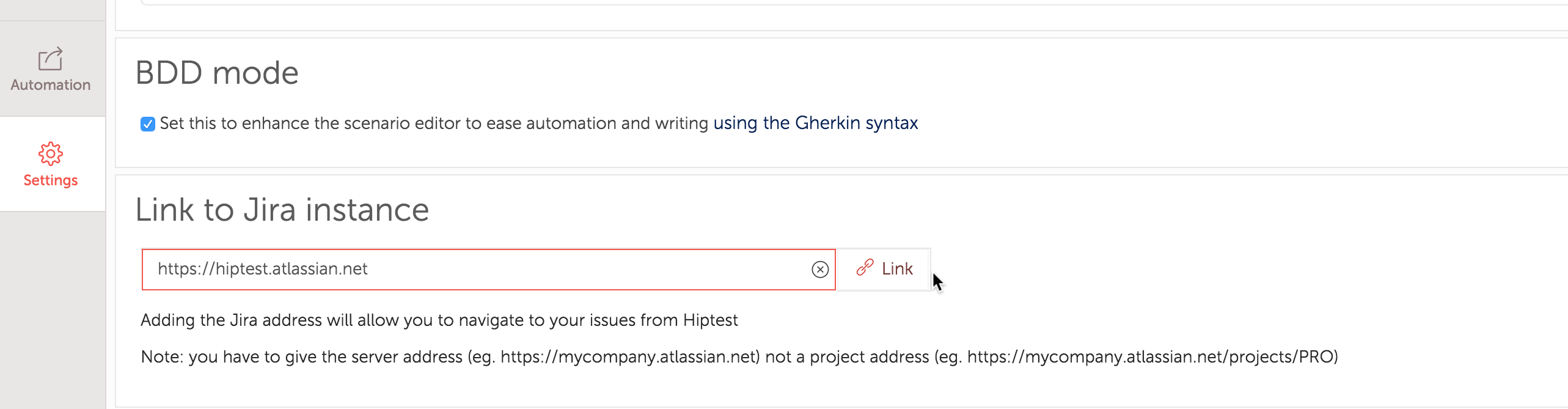 Add Jira address to link it with Hiptest