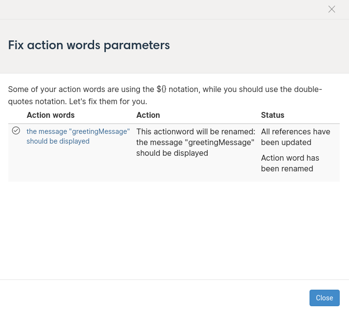 Fix action words parameters done