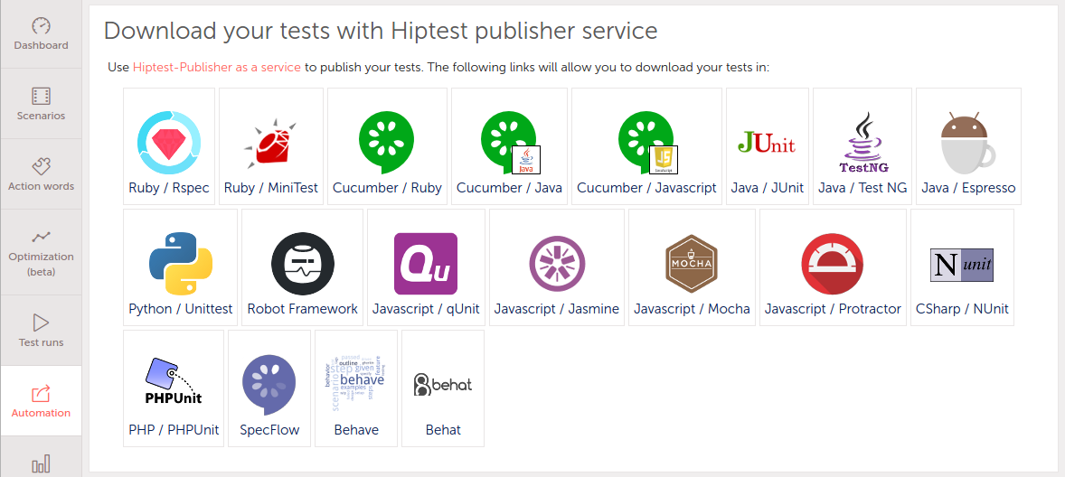 Download your tests with Hiptest Publisher services