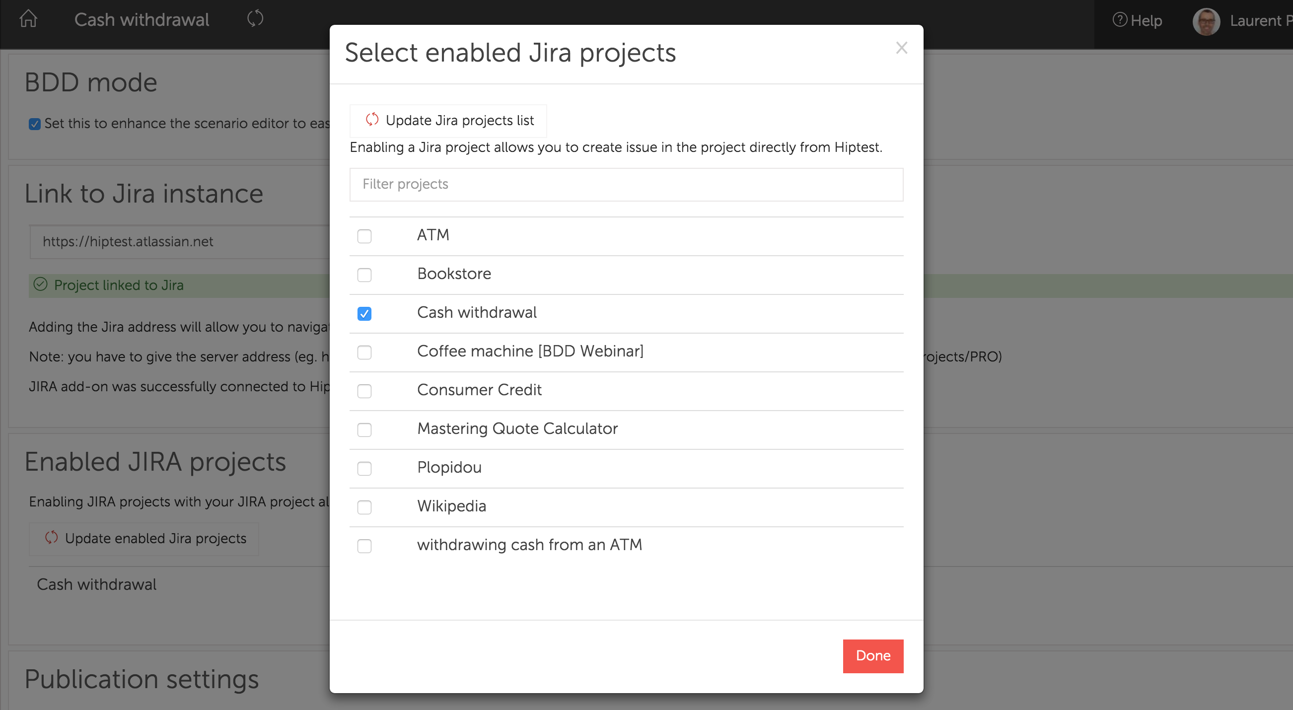 Select enabled Jira projects