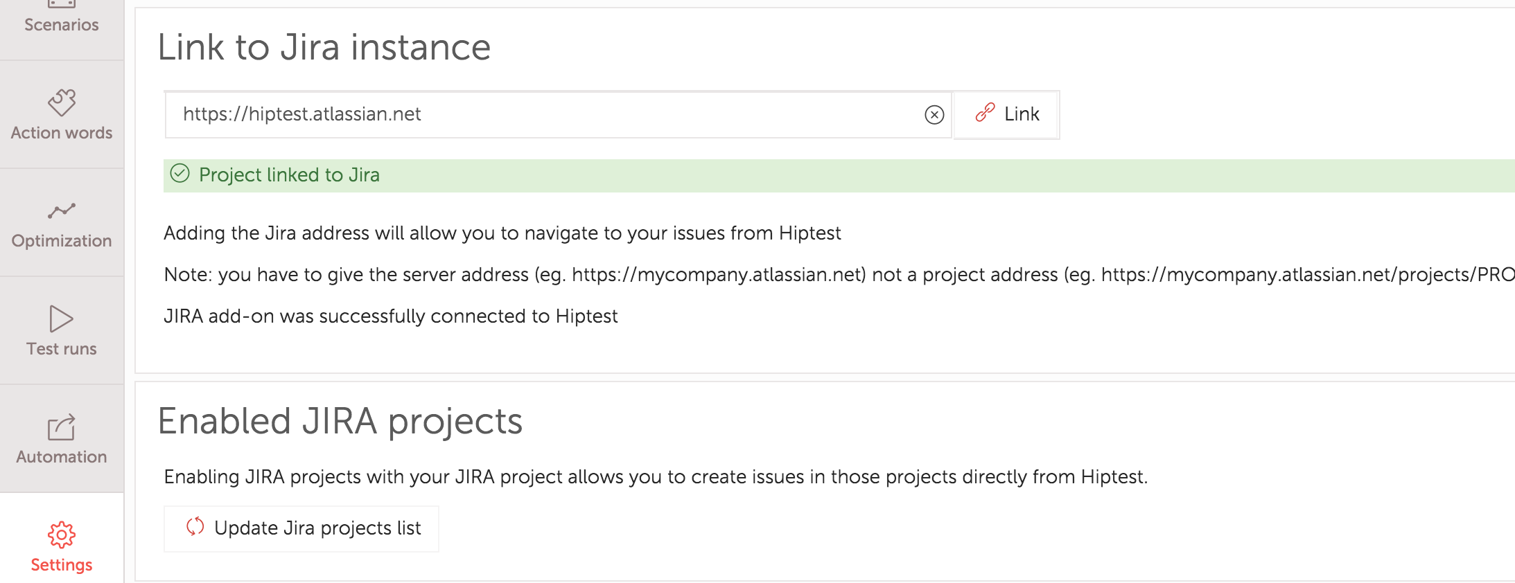 Once Hiptest is linked to Jira, update Jira projects lists